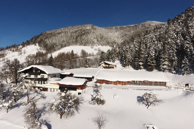 Luftaufnahme des Bio-Bauernhof Saumerhof im Winter